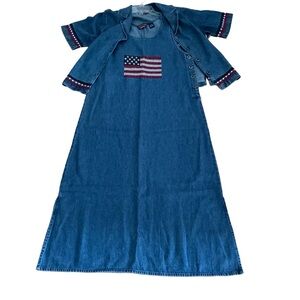 Vtg 2 pc denim maxi dress & jacket set AGAPO floral embroidery bohemian